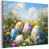 MuchoWow Aluminium schilderij 160x120 cm - Wanddecoratie metaal - Grasveld - Eieren - Bloemen - Metalen muurdecoratie woonkamer - Decoratie industrieel - Foto op dibond - Industriële accessoires slaapkamer