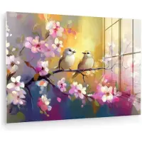 MuchoWow Glasschilderij 180x120 cm - Schilderij acrylglas - Vogels - Bloemen - Roze - Foto op glas - Muurdecoratie woonkamer - Wanddecoratie slaapkamer - Schilderijen