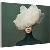 MuchoWow Aluminium schilderij 180x120 cm - Wanddecoratie metaal - Hoed - Vrouw - Beige - Metalen muurdecoratie woonkamer - Decoratie industrieel - Foto op dibond - Industriële accessoires slaapkamer
