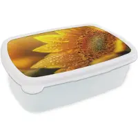 MuchoWow Broodtrommel Wit - Lunchbox Zonnebloem - Dauwdruppels - Geel - Zonlicht - Brooddoos 18x12x6 cm - Brood lunch box - Broodtrommels voor kinderen en volwassenen