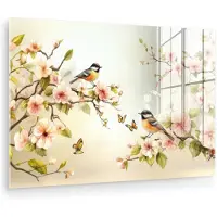 MuchoWow Glasschilderij 180x120 cm - Schilderij acrylglas - Takken - Bloemen - Vogeltjes - Roze - Foto op glas - Muurdecoratie woonkamer - Wanddecoratie slaapkamer - Schilderijen