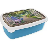 MuchoWow Broodtrommel Blauw - Lunchbox Doorkijk - Tuin - Raam - Hortensia - Bloemen - Brooddoos 18x12x6 cm - Brood lunch box - Broodtrommels voor kinderen en volwassenen
