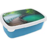 MuchoWow Broodtrommel Blauw - Lunchbox Brug - Water - Rivier - Bos - Brooddoos 18x12x6 cm - Brood lunch box - Broodtrommels voor kinderen en volwassenen