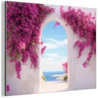 MuchoWow Aluminium schilderij 160x120 cm - Wanddecoratie metaal - Zee - Roze - Bloemen - Poort - Metalen muurdecoratie woonkamer - Decoratie industrieel - Foto op dibond - Industriële accessoires slaapkamer