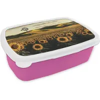 MuchoWow Broodtrommel Roze - Lunchbox Zonnebloem - Veld - Windmolen - Brooddoos 18x12x6 cm - Brood lunch box - Broodtrommels voor kinderen en volwassenen