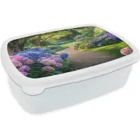MuchoWow Broodtrommel Wit - Lunchbox Hortensia- Park - Pad - Brooddoos 18x12x6 cm - Brood lunch box - Broodtrommels voor kinderen en volwassenen