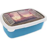 MuchoWow Broodtrommel Blauw - Lunchbox Doorkijk - Parijs - Eiffeltoren - Roze - Kersenbloesem - Brooddoos 18x12x6 cm - Brood lunch box - Broodtrommels voor kinderen en volwassenen
