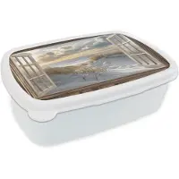 MuchoWow Broodtrommel Wit - Lunchbox Doorkijk - Strand - Duinen - Zee - Natuur - Brooddoos 18x12x6 cm - Brood lunch box - Broodtrommels voor kinderen en volwassenen