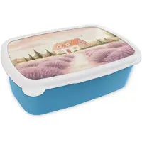 MuchoWow Broodtrommel Blauw - Lunchbox Lavendelveld - Huis - Paars - Brooddoos 18x12x6 cm - Brood lunch box - Broodtrommels voor kinderen en volwassenen