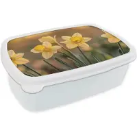 MuchoWow Broodtrommel Wit - Lunchbox Bloemen - Geel - Wazig - Brooddoos 18x12x6 cm - Brood lunch box - Broodtrommels voor kinderen en volwassenen
