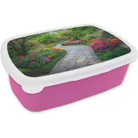 MuchoWow Broodtrommel Roze - Lunchbox Park - Bloemen - Tuin - Brooddoos 18x12x6 cm - Brood lunch box - Broodtrommels voor kinderen en volwassenen