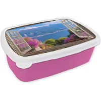 MuchoWow Broodtrommel Roze - Lunchbox Doorkijk - Berg - Landschap - Uitzicht - Meer - Brooddoos 18x12x6 cm - Brood lunch box - Broodtrommels voor kinderen en volwassenen