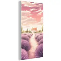 MuchoWow Aluminium schilderij 80x160 cm - Wanddecoratie metaal - Lavendelveld - Huis - Paars - Metalen muurdecoratie woonkamer - Decoratie industrieel - Foto op dibond - Industriële accessoires slaapkamer