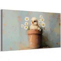 MuchoWow Aluminium schilderij 120x60 cm - Wanddecoratie metaal - Bloempot - Kuiken - Bloemetjes - Metalen muurdecoratie woonkamer - Decoratie industrieel - Foto op dibond - Industriële accessoires slaapkamer