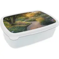 MuchoWow Broodtrommel Wit - Lunchbox Pad - Bloemen - Park - Brooddoos 18x12x6 cm - Brood lunch box - Broodtrommels voor kinderen en volwassenen