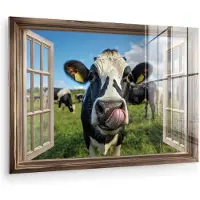 MuchoWow Glasschilderij 180x120 cm - Schilderij acrylglas - Doorkijk - Koe - Weiland - Dieren - Natuur - Foto op glas - Muurdecoratie woonkamer - Wanddecoratie slaapkamer - Schilderijen