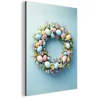 MuchoWow Aluminium schilderij 30x40 cm - Wanddecoratie metaal - Krans - Eieren - Bloemen - Metalen muurdecoratie woonkamer - Decoratie industrieel - Foto op dibond - Industriële accessoires slaapkamer