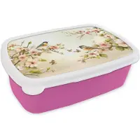 MuchoWow Broodtrommel Roze - Lunchbox Takken - Bloemen - Vogeltjes - Roze - Brooddoos 18x12x6 cm - Brood lunch box - Broodtrommels voor kinderen en volwassenen