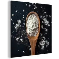 MuchoWow Aluminium schilderij 20x20 cm - Wanddecoratie metaal - Meel - Hout - Lepel - Metalen muurdecoratie woonkamer - Decoratie industrieel - Foto op dibond - Industriële accessoires slaapkamer