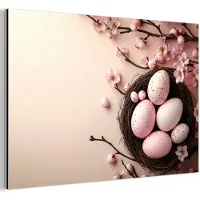 MuchoWow Aluminium schilderij 90x60 cm - Wanddecoratie metaal - Roze - Bloesems - Eieren - Metalen muurdecoratie woonkamer - Decoratie industrieel - Foto op dibond - Industriële accessoires slaapkamer