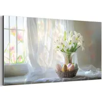 MuchoWow Aluminium schilderij 80x40 cm - Wanddecoratie metaal - Vaas - Eieren - Bloemen - Metalen muurdecoratie woonkamer - Decoratie industrieel - Foto op dibond - Industriële accessoires slaapkamer