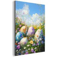 MuchoWow Aluminium schilderij 120x160 cm - Wanddecoratie metaal - Grasveld - Eieren - Bloemen - Metalen muurdecoratie woonkamer - Decoratie industrieel - Foto op dibond - Industriële accessoires slaapkamer
