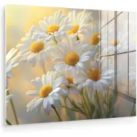 MuchoWow Glasschilderij 160x120 cm - Schilderij acrylglas - Madeliefjes - Wit - Zonlicht - Foto op glas - Muurdecoratie woonkamer - Wanddecoratie slaapkamer - Schilderijen