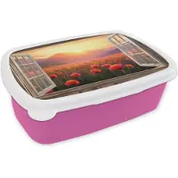 MuchoWow Broodtrommel Roze - Lunchbox Doorkijk - Klaprozen - Bloemen - Rood - Open raam - Brooddoos 18x12x6 cm - Brood lunch box - Broodtrommels voor kinderen en volwassenen