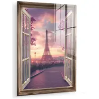 MuchoWow Glasschilderij 120x160 cm - Schilderij acrylglas - Doorkijk - Parijs - Eiffeltoren - Roze - Kersenbloesem - Foto op glas - Muurdecoratie woonkamer - Wanddecoratie slaapkamer - Schilderijen