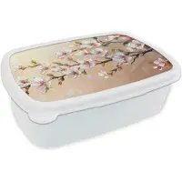 MuchoWow Broodtrommel Wit - Lunchbox Bloesemtakken - Schilderachtig - Roze - Brooddoos 18x12x6 cm - Brood lunch box - Broodtrommels voor kinderen en volwassenen
