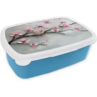 MuchoWow Broodtrommel Blauw - Lunchbox Bloesem - Kunstzinnig - Roze - Sakura - Brooddoos 18x12x6 cm - Brood lunch box - Broodtrommels voor kinderen en volwassenen