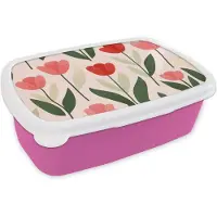 MuchoWow Broodtrommel Roze - Lunchbox Tulpen - Modern - Roze - Brooddoos 18x12x6 cm - Brood lunch box - Broodtrommels voor kinderen en volwassenen