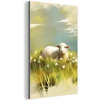 MuchoWow Aluminium schilderij 120x180 cm - Wanddecoratie metaal - Schaap - Weide - Groen - Metalen muurdecoratie woonkamer - Decoratie industrieel - Foto op dibond - Industriële accessoires slaapkamer