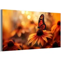 MuchoWow Aluminium schilderij 40x20 cm - Wanddecoratie metaal - Vlinder - Bloemen - Oranje - Metalen muurdecoratie woonkamer - Decoratie industrieel - Foto op dibond - Industriële accessoires slaapkamer