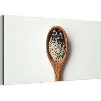 MuchoWow Aluminium schilderij 80x40 cm - Wanddecoratie metaal - Lepel - Sesam - Wit - Metalen muurdecoratie woonkamer - Decoratie industrieel - Foto op dibond - Industriële accessoires slaapkamer