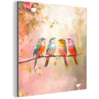 MuchoWow Aluminium schilderij 90x90 cm - Wanddecoratie metaal - Vogels - Kleurrijk Tak - Metalen muurdecoratie woonkamer - Decoratie industrieel - Foto op dibond - Industriële accessoires slaapkamer