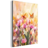 MuchoWow Aluminium schilderij 30x40 cm - Wanddecoratie metaal - Vlinders - Oranje - Bloemen - Metalen muurdecoratie woonkamer - Decoratie industrieel - Foto op dibond - Industriële accessoires slaapkamer