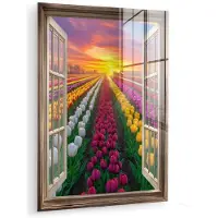 MuchoWow Glasschilderij 120x160 cm - Schilderij acrylglas - Doorkijk - Bloemen - Tulpen - Kleurrijk - Zonsondergang - Foto op glas - Muurdecoratie woonkamer - Wanddecoratie slaapkamer - Schilderijen