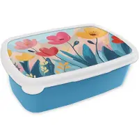 MuchoWow Broodtrommel Blauw - Lunchbox Illustratie - Bloemen - Kleurrijk - Brooddoos 18x12x6 cm - Brood lunch box - Broodtrommels voor kinderen en volwassenen