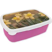 MuchoWow Broodtrommel Roze - Lunchbox Bloemen - Geel - Wazig - Brooddoos 18x12x6 cm - Brood lunch box - Broodtrommels voor kinderen en volwassenen