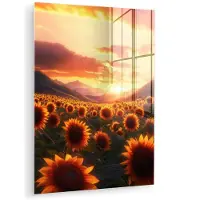 MuchoWow Glasschilderij 120x160 cm - Schilderij acrylglas - Zonnebloemen - Zonsondergang - Landschap - Foto op glas - Muurdecoratie woonkamer - Wanddecoratie slaapkamer - Schilderijen