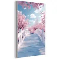 MuchoWow Aluminium schilderij 120x180 cm - Wanddecoratie metaal - Brug - Kersenbomen - Wit - Metalen muurdecoratie woonkamer - Decoratie industrieel - Foto op dibond - Industriële accessoires slaapkamer