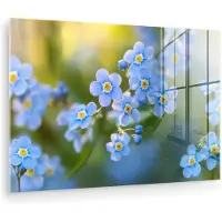 MuchoWow Glasschilderij 60x40 cm - Schilderij acrylglas - Bloemetjes - Blauw - Vergeet mij nietjes - Foto op glas - Muurdecoratie woonkamer - Wanddecoratie slaapkamer - Schilderijen