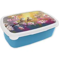 MuchoWow Broodtrommel Blauw - Lunchbox Vogels - Bloemen - Roze - Brooddoos 18x12x6 cm - Brood lunch box - Broodtrommels voor kinderen en volwassenen