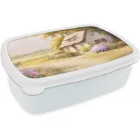 MuchoWow Broodtrommel Wit - Lunchbox Huisje - Hout - Bloemen - Brooddoos 18x12x6 cm - Brood lunch box - Broodtrommels voor kinderen en volwassenen