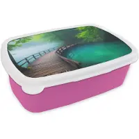 MuchoWow Broodtrommel Roze - Lunchbox Brug - Water - Rivier - Bos - Brooddoos 18x12x6 cm - Brood lunch box - Broodtrommels voor kinderen en volwassenen