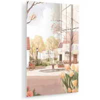 MuchoWow Glasschilderij 120x180 cm - Schilderij acrylglas - Dorpsplein - Fontein - Tulpen - Foto op glas - Muurdecoratie woonkamer - Wanddecoratie slaapkamer - Schilderijen