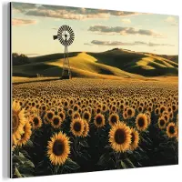 MuchoWow Aluminium schilderij 160x120 cm - Wanddecoratie metaal - Zonnebloem - Veld - Windmolen - Metalen muurdecoratie woonkamer - Decoratie industrieel - Foto op dibond - Industriële accessoires slaapkamer