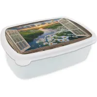MuchoWow Broodtrommel Wit - Lunchbox Doorkijk - Landschap - Raam - Water - Zonsondergang - Brooddoos 18x12x6 cm - Brood lunch box - Broodtrommels voor kinderen en volwassenen
