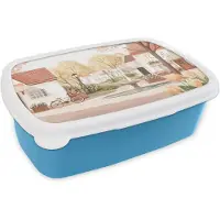 MuchoWow Broodtrommel Blauw - Lunchbox Dorpsplein - Fontein - Tulpen - Brooddoos 18x12x6 cm - Brood lunch box - Broodtrommels voor kinderen en volwassenen